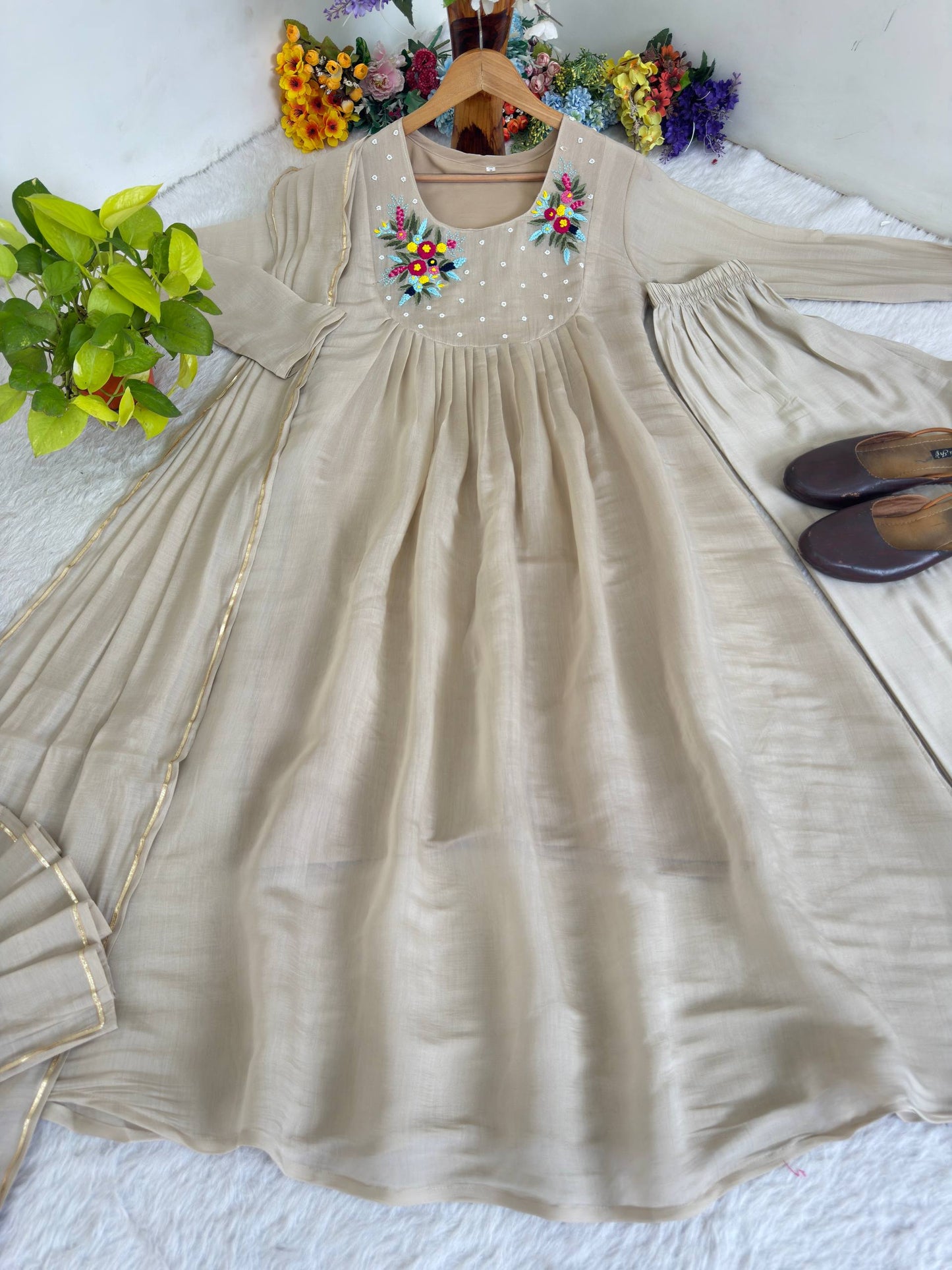 Mul Viscos Chanderi Cotton Embroidery Gotta Patti Gown Set