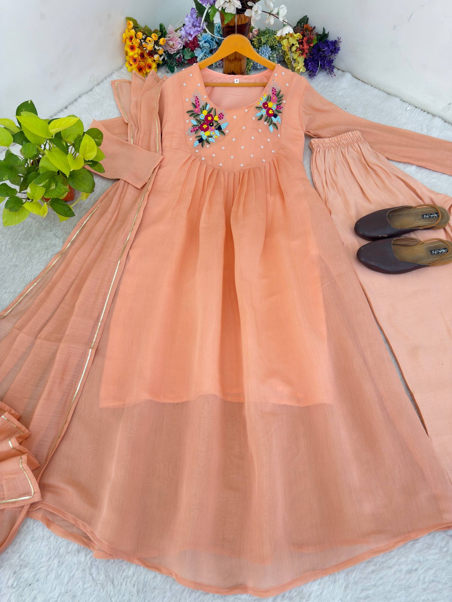 Mul Viscos Chanderi Cotton Embroidery Gotta Patti Gown Set