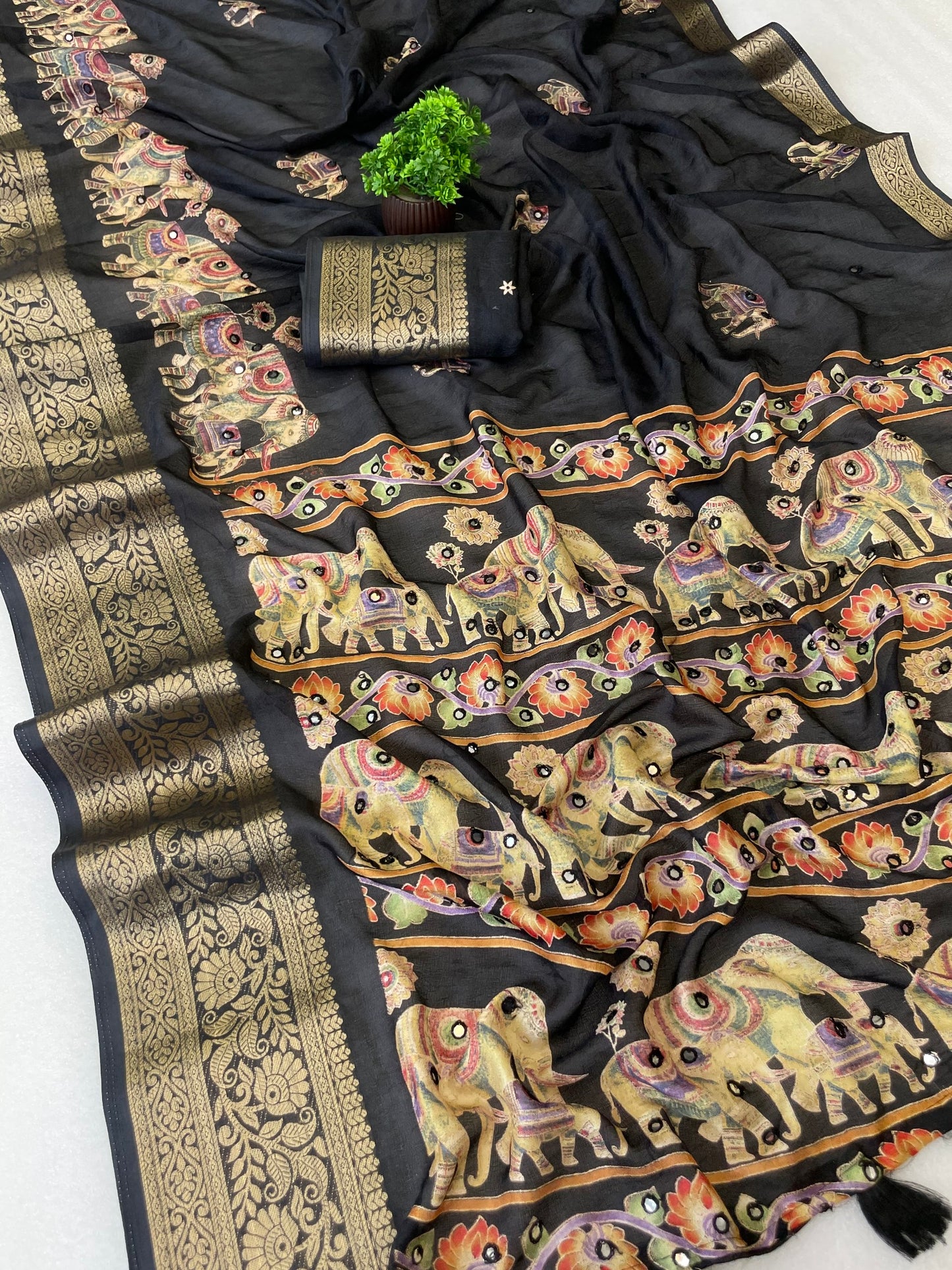 Beautiful Soft Rich Marsh Mellow Silk Elephant Print & Mirror Work Saree