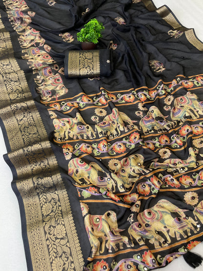 Beautiful Soft Rich Marsh Mellow Silk Elephant Print & Mirror Work Saree