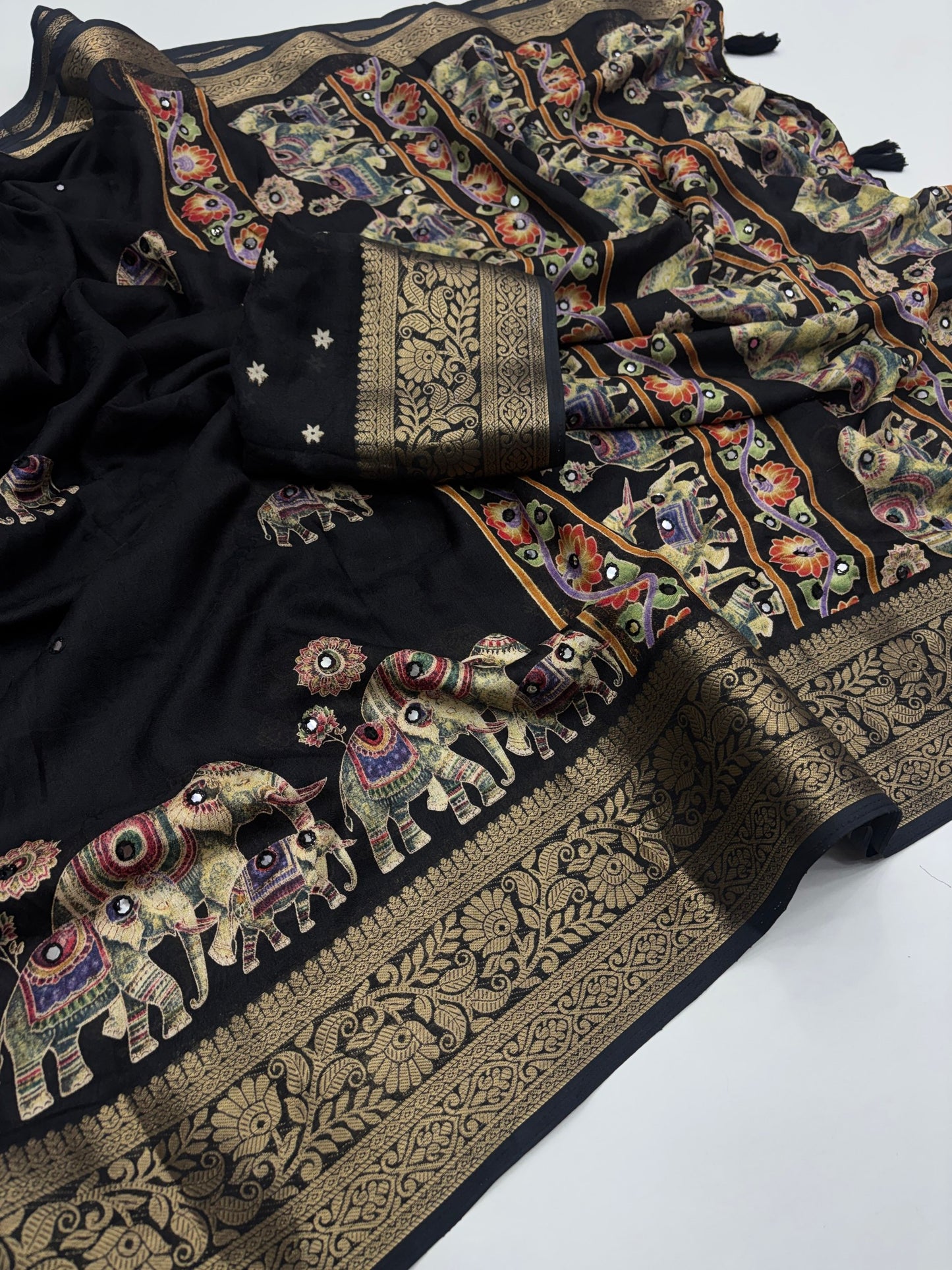 Beautiful Soft Rich Marsh Mellow Silk Elephant Print & Mirror Work Saree