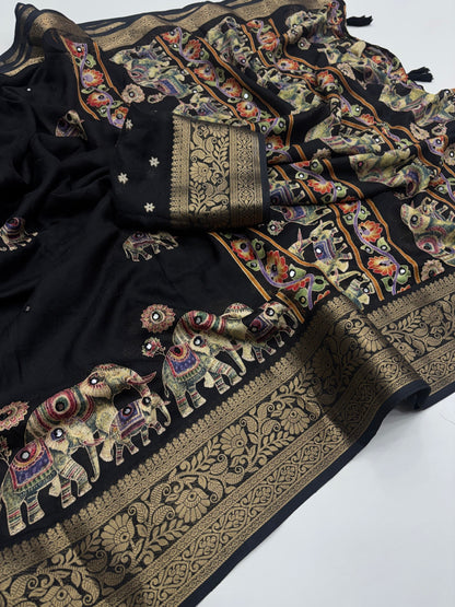 Beautiful Soft Rich Marsh Mellow Silk Elephant Print & Mirror Work Saree