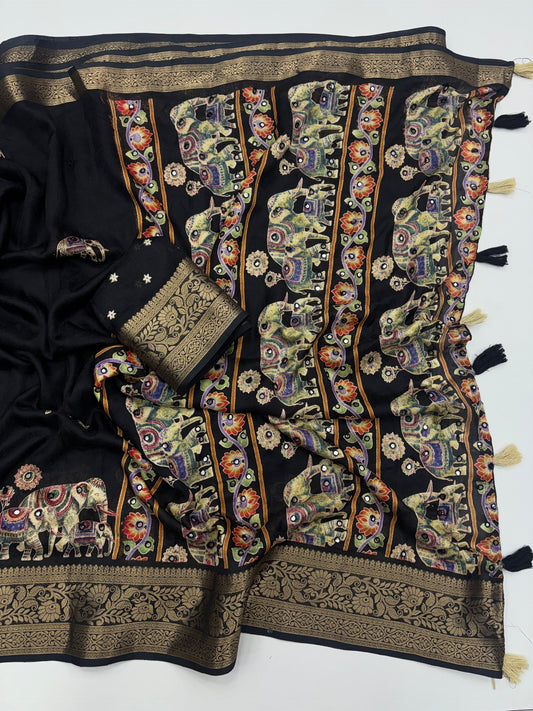 Beautiful Soft Rich Marsh Mellow Silk Elephant Print & Mirror Work Saree