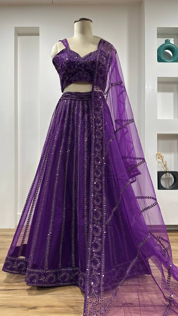 Purple Color Net Fabric Sequence& Dori Work Lehengaa