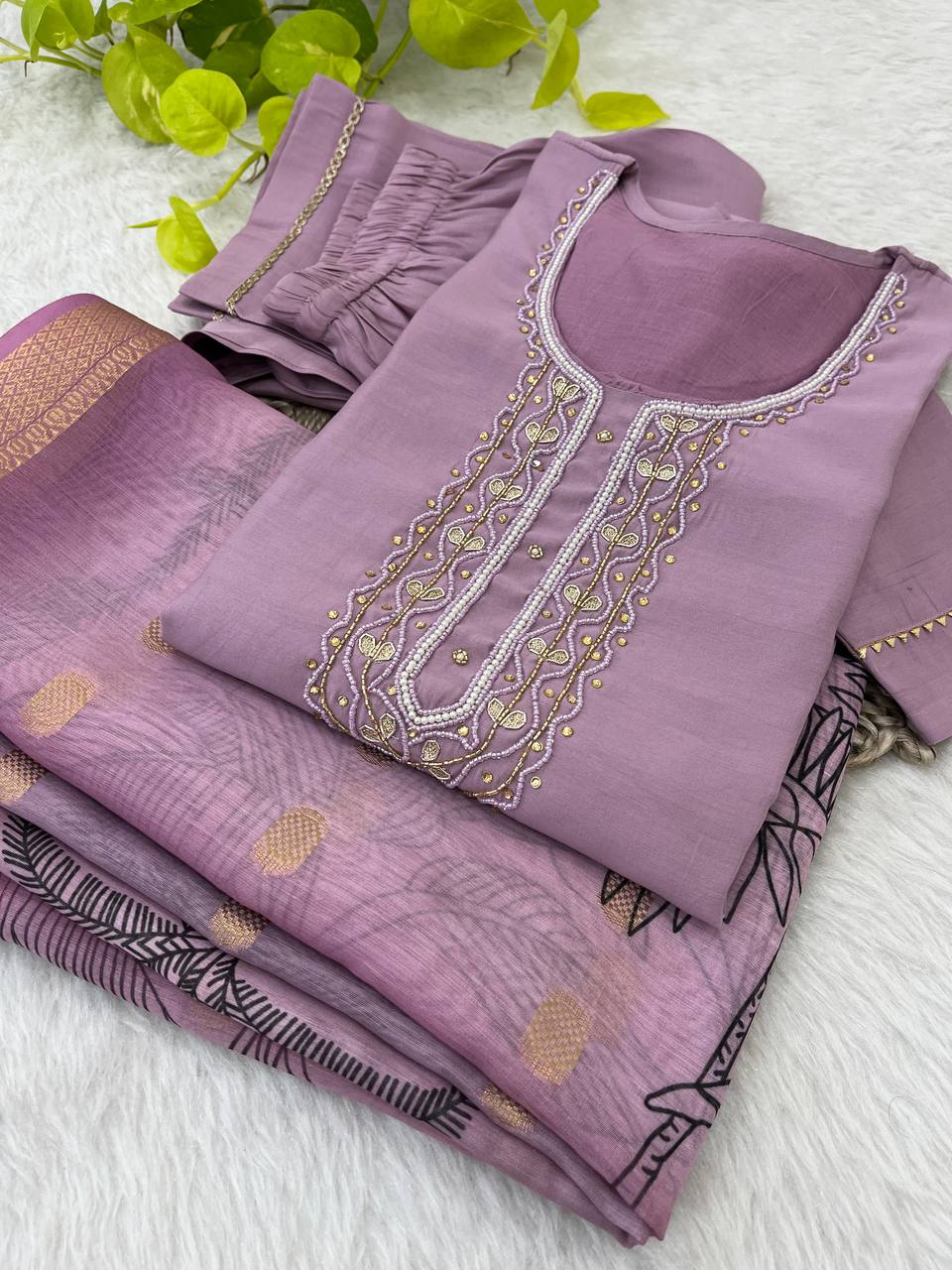 Premium Quality Roman Silk Handmade Work Kurti Set