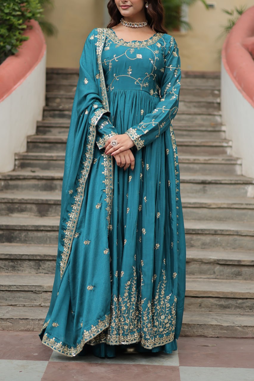 Chinon Silk Sequence Embroidered work Gown