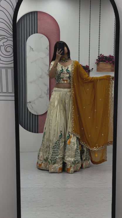 PURE TISSUE SILK PEACOCK WORK FULL READY MADE LEHENGA CHOLI