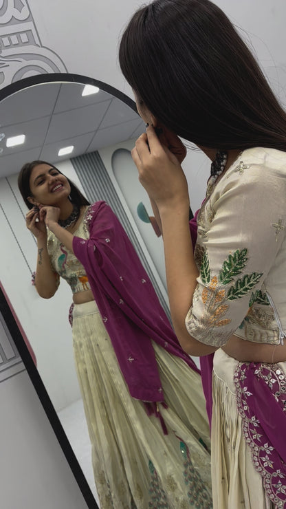 PURE TISSUE SILK PEACOCK WORK FULL READY MADE LEHENGA CHOLI